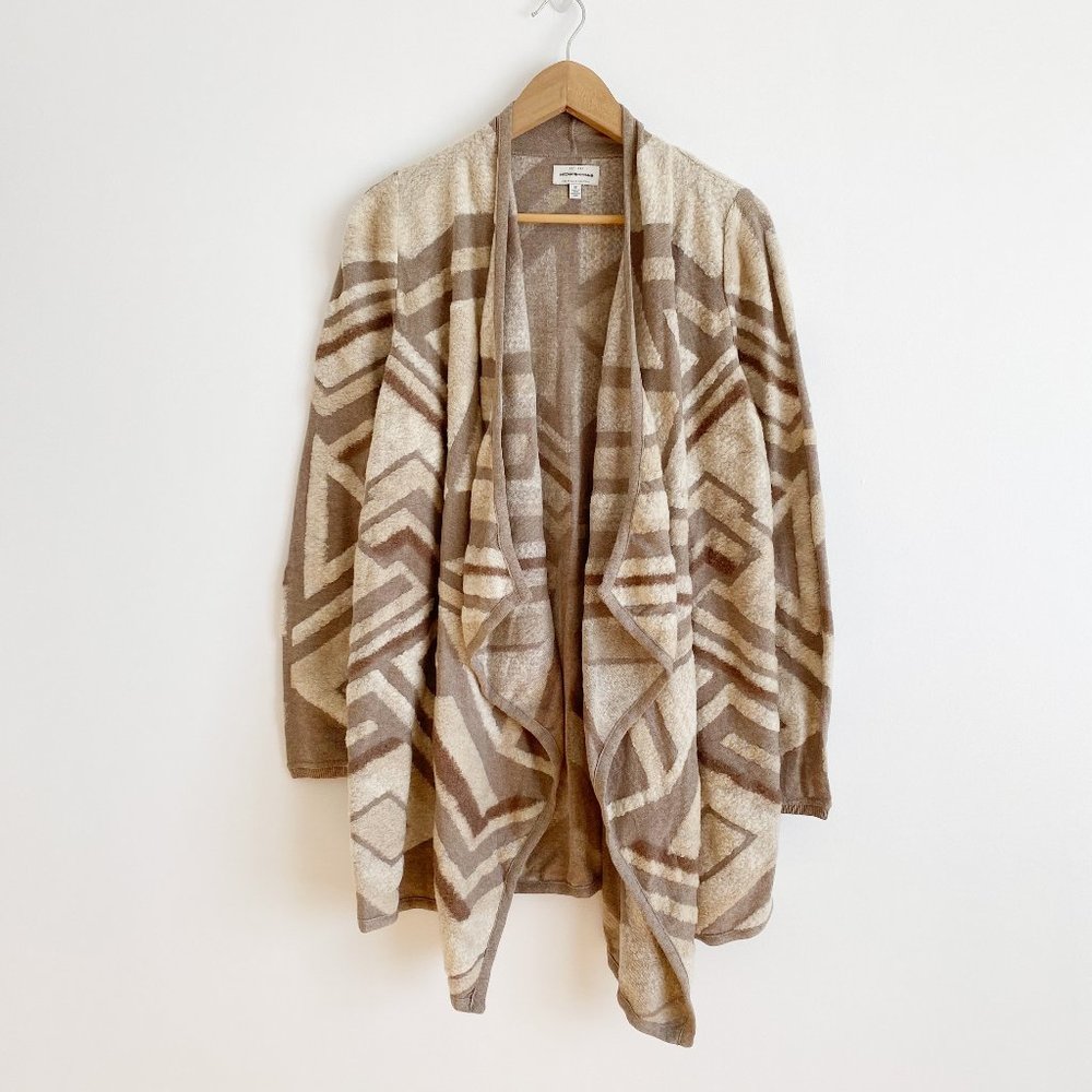 Lucky Brand NWOT Geo Drape Cardigan Sweater Open-Front, Brown/Cream Multi, Sz M